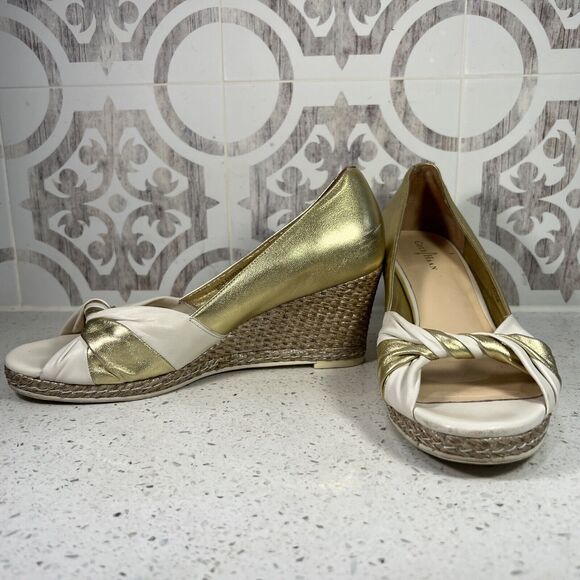 COLE HAAN AIR ESPADRILLE LEATHER WEDGES OPEN TOE SHOES WOMAN SZ 8.5B GOLD - Picture 3 of 7